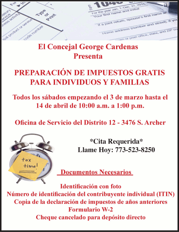 Alderman George Cardenas Free Tax Preparation poster spanish forweb