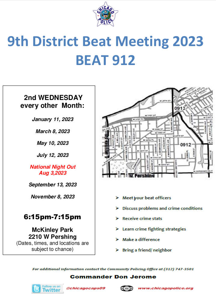Chicago Police Department 9th District Beat 912 meetings poster 2023