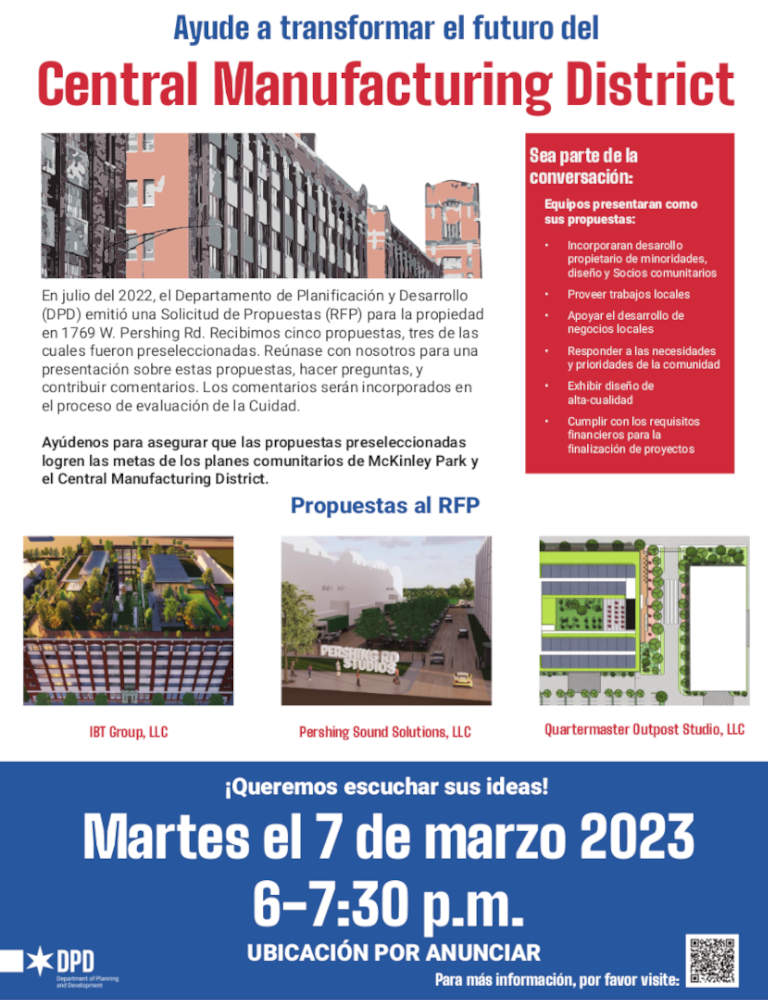 Central Manufacturing District Chicago RFP Meeting Anouncement poster 20230307 es