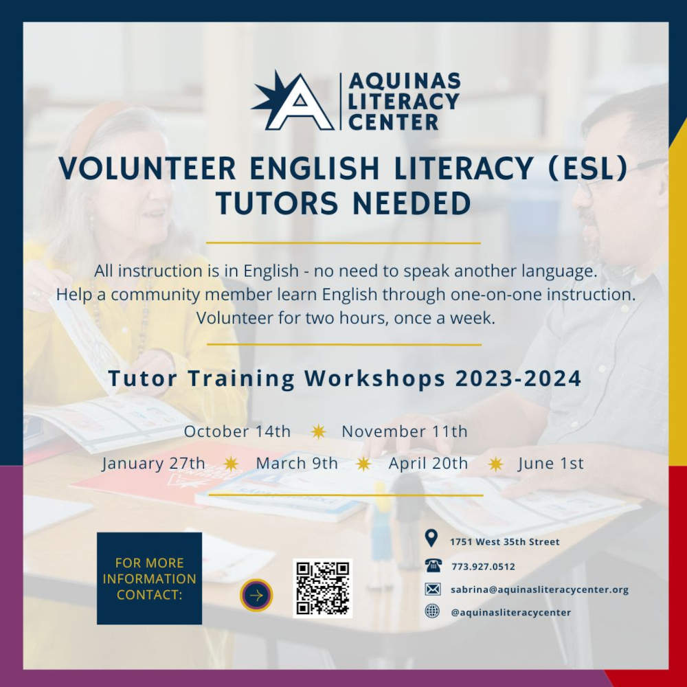Aquinas Literacy Center English Literacy Tutor Training 2023 2024 poster