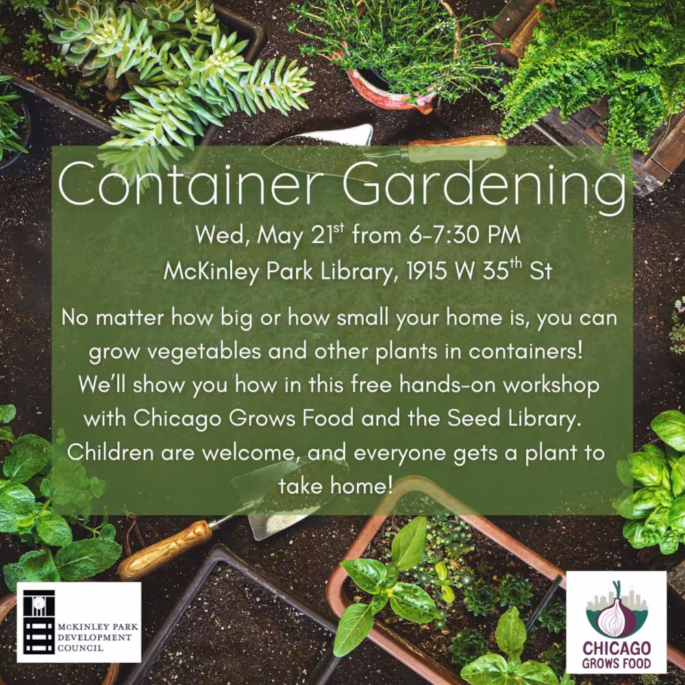 Container Gardening McKinley Park Library poster 20250513