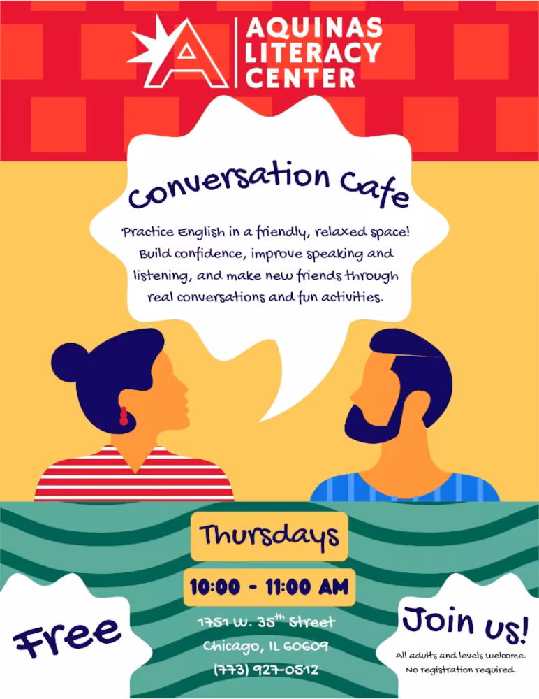Conversation Cafe Aquinas Literacy Center poster 202511