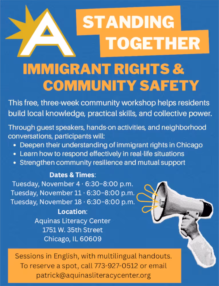 Immigrant Rights Workshop Aquinas Literacy Center poster 202511