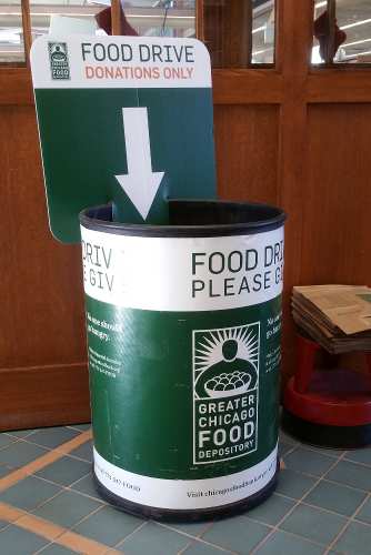 The Greater Chicago Food Drive collection point is in the library lobby.