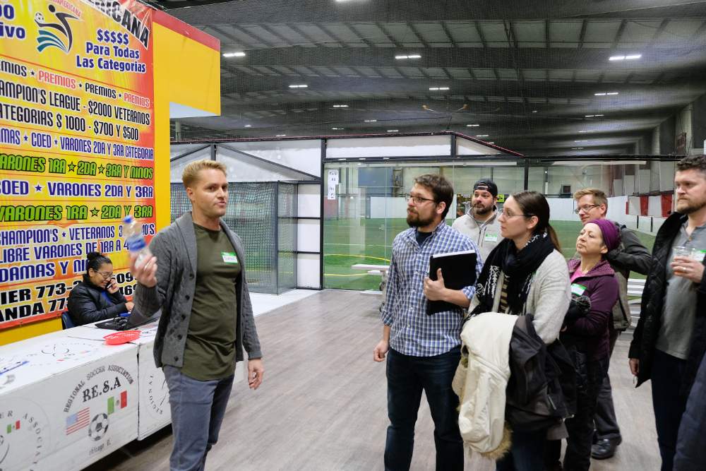 General Manager Simon Horwell begins the tour of the Chicago Indoor Sports side of the business at the Wednesday, March 21, meeting of the McKinley Park Development Council.