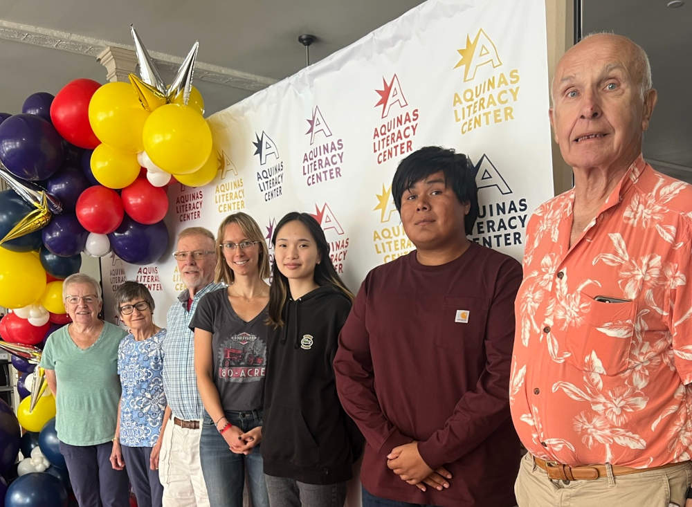 New Aquinas tutors from the August 26, 2023, training session include, from left to right, Christine Ondrla, Carol Ballou, Jim Sullivan, Allison Clark, Jessica Li, Freddy Hernandez and Matt Saweikis.