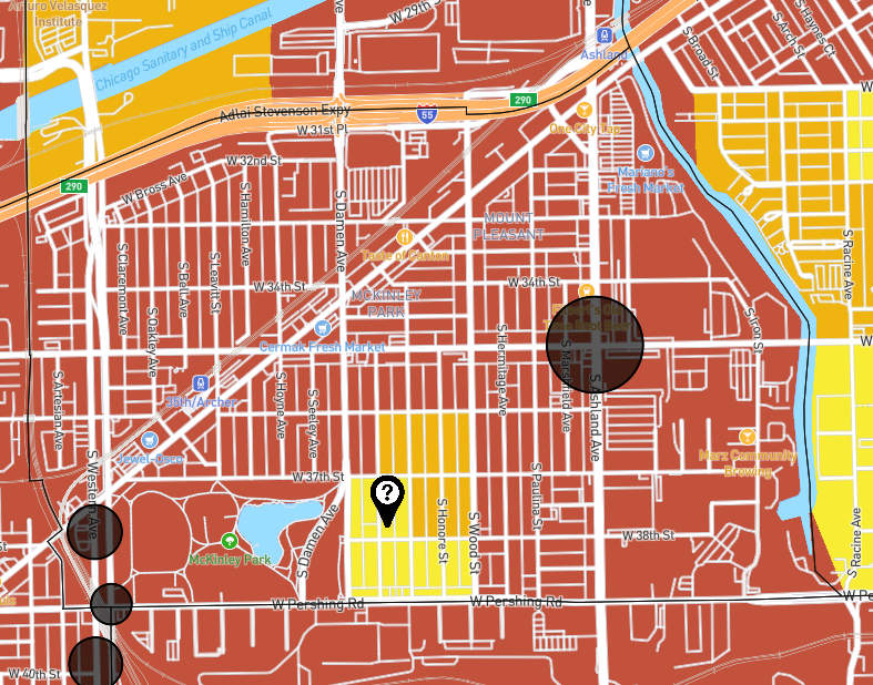 A screenshot of the Chicago Truck Data Portal map shows the McKinley Park neighborhood heavily impacted by cumulative environmental effects, including truck traffic.
