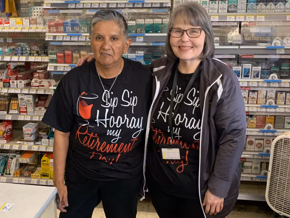 Bea Karnoscak, left, and Helen Gerlowski celebrate their retirement from the McKinley Park neighborhood's Walgreens store at 1926 W. 35th St., Chicago.