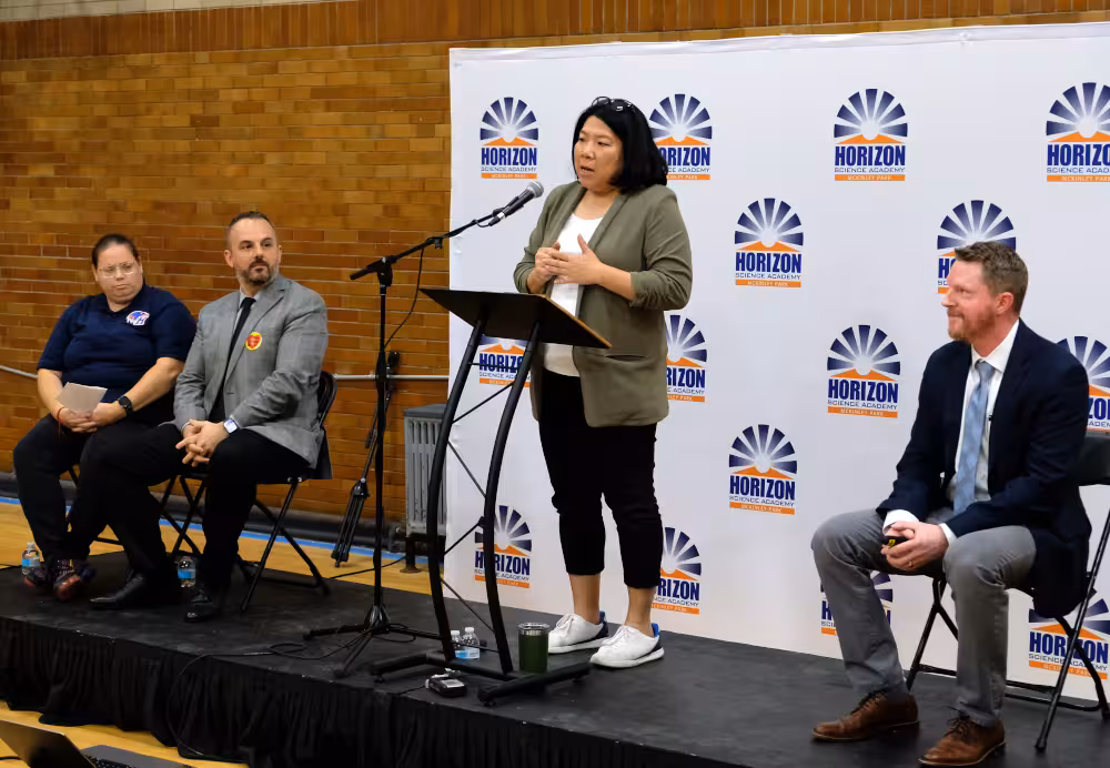 Nicole Lee, 11th Ward Alderwoman, speaks in favor of Horizon Science Academy's expansion at the town hall on October 2, 2024.