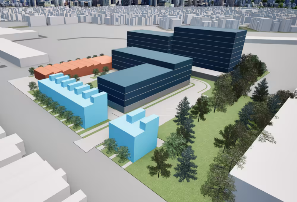 An architect's rendering shows a bird's-eye view of buildings' massing for the proposed development at 3301 S. Justine St., Chicago.