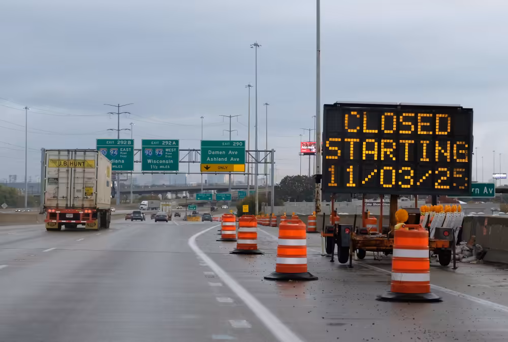 Signs and traffic barrels herald the closure of the Ashland Avenue exit on the I-55 Stevenson Expressway.