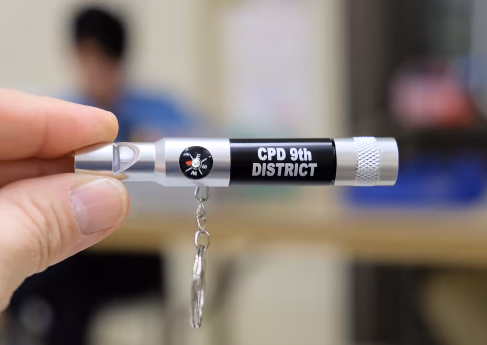 A 9th District whistle, compass, mini-flashlight and keychain goes to attendees at the Beat 912 meeting on Wednesday, October 15, 2026.